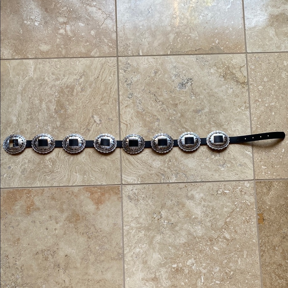 Brighton Silver and Black Leather Concho Belt size Large vintage!